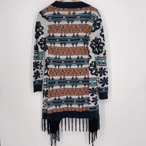 Desigual Floral Open Front Fringe Trim Duster Sweater Women’s Size Small - Picture 7 of 8